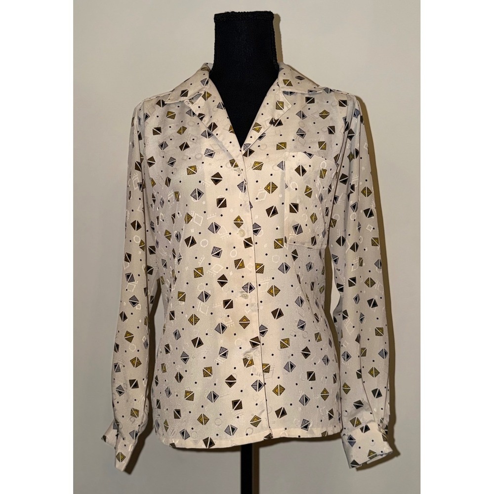 VTG Light Academia‎ Geometric Diamond Print Long Sleeve Button Up Cream Blouse